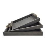 CONJ DE BANDEJAS DE COURO SINTETICO CINZA 3 PCS