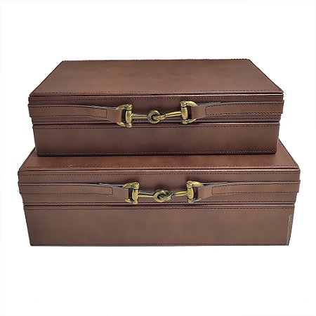 CJ DE 2 CAIXAS DECORATIVAS EM MADEIRA REVESTIDO EM PU MARROM GCM X 29CM X 19,5CM
