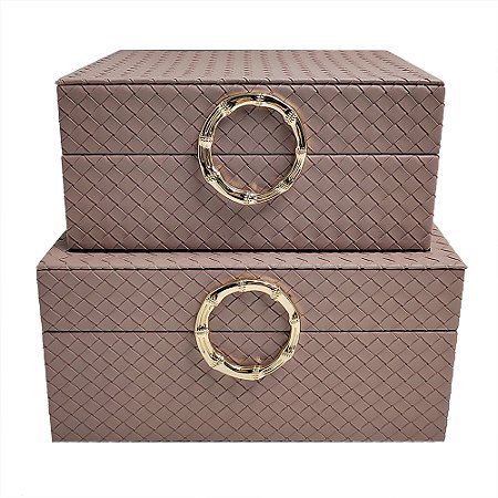 CJ DE 2 CAIXAS DECORATIVAS EM MADEIRA REVESTIDO EM PU BEGE G26CM X 21CM X 12,5CM