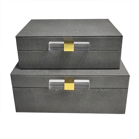 CJ DE 2 CAIXAS DECORATIVAS EM MADEIRA REVESTIDO EM PU CINZA G26CM X 21CM X 12,5C