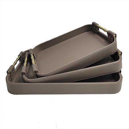 CJ DE 3 BANDEJAS DECORATIVAS EM MADEIRA REVESTIDO EM PU MARROM G45CM X 32CM X 7,