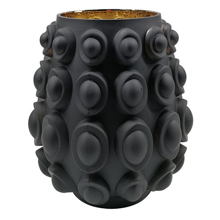 VASO DE VIDRO PRETO COM TEXTURA E INTERIOR DOURADO