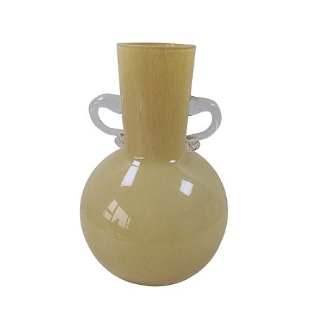 VASO DECORATIVO EM VIDRO BEGE DETALHE ALCA TRANSPARENTE