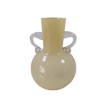 VASO DECORATIVO EM VIDRO BEGE DETALHE ALCA TRANSPARENTE