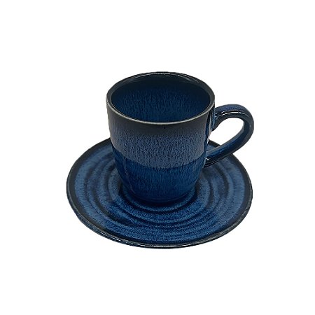 CJ DE XICARAS E PIRES EM PORCELANA AZUL COM DETALHE PRETO 6PCS - 100ML