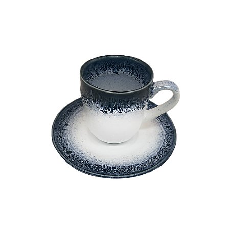 CJ DE XICARAS E PIRES EM PORCELANA BRANCO COM DETALHE AZUL 6PCS - 100ML