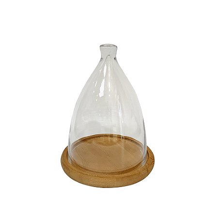 CUPULA DECORATIVA EM VIDRO TRANSPARENTE COM BASE MADEIRA NATURAL