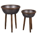 CJ. DE CACHEPOTS DECORATIVOS EM MADEIRA E METAL CINZA E MARROM - 2PCS