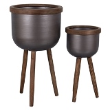 CJ. DE CACHEPOTS DECORATIVOS EM MADEIRA E METAL CINZA E MARROM - 2PCS
