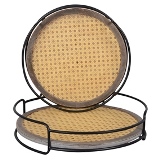 CJ DE BANDEJAS EM MADEIRA METAL E RATTAN MARROM E PRETO 2PC