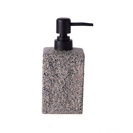 PORTA SABONETE EM CERAMICA CINZA TEXTURIZADO COM DISPENSER PRETO