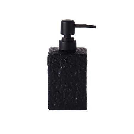 PORTA SABONETE EM CERAMICA PRETO TEXTURIZADO COM DISPENSER PRETO