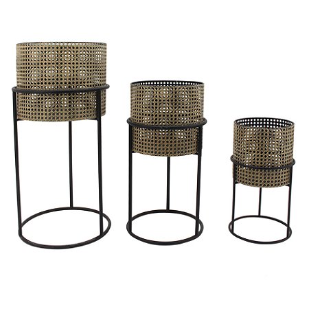 CJ DE CACHEPOTS DE METAL BEGE E PRETO 3PCS