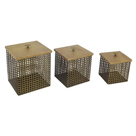 CJ DE POTES DE METAL E MADEIRA MARROM E DOURADO 3PCS