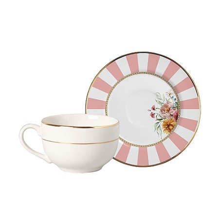 CJ XICARAS DE CHA COM PIRES E FRISO EM OURO LES FLEURS 6PCS BRANCO E ROSA