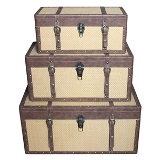CONJ. DE BAÚS DE MADEIRA E TECIDO BEGE E MARROM - 3PCS G:70