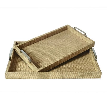 CJ DE BANDEJAS DE MADEIRA E METAL BEGE 2PCS
