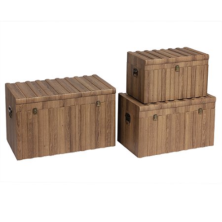 CONJUNTO DE 3 CAIXAS DECORATIVAS EM MADEIRA - COR NATURAL - G 69X41X44.5CM M 59X