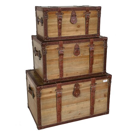 CJ DE 3 CAIXAS DECORATIVAS EM MADEIRA E PU COR NATURAL E MARROM G80CM X 50,5CM X