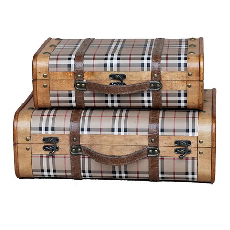 CJ DE MALETAS EM MADEIRA E METAL MARROM ESTAMPADO 2PCS
