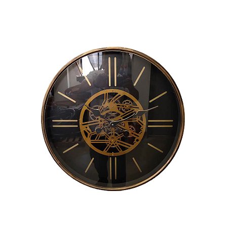 RELOGIO DE PAREDE DE METAL ENGRANEGEM PRETO E DOURADO