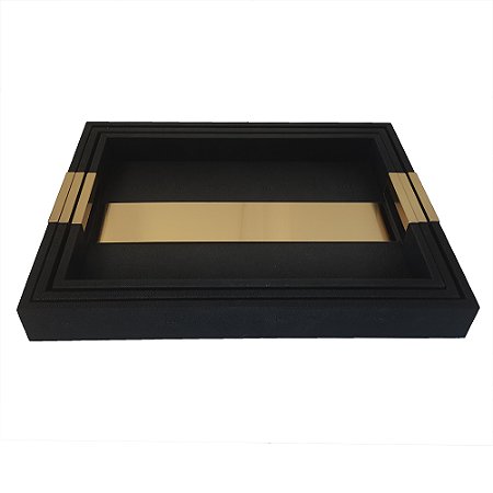 CONJUNTO DE 3 BANDEJAS DECORATIVAS EM MADEIRA REVESTIDA EM PU - PRETO E DOURADO