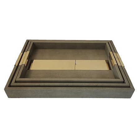 CONJUNTO DE 3 BANDEJAS DECORATIVAS EM MADEIRA REVESTIDA EM PU - CINZA E DOURADO