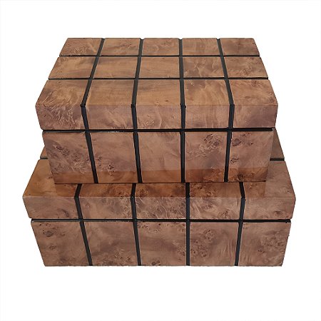 CONJUNTO DE 2 CAIXAS DECORATIVAS EM MADEIRA - COR NATURAL - G 30X20X11.5CM P 24X