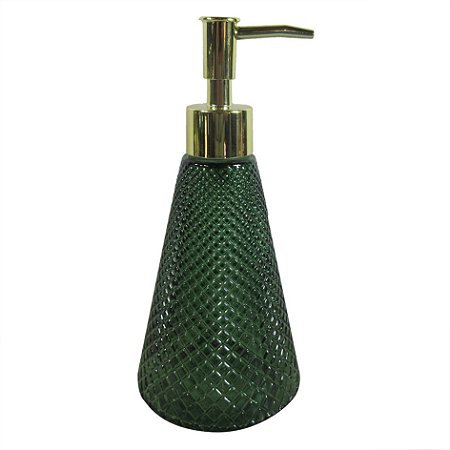 PORTA SABONETE LIQUIDO DE VIDRO VERDE E DETALHE DOURADO