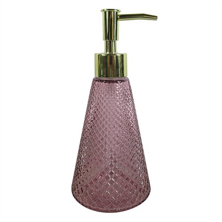 PORTA SABONETE LIQUIDO DE VIDRO ROSA E DETALHE DOURADO