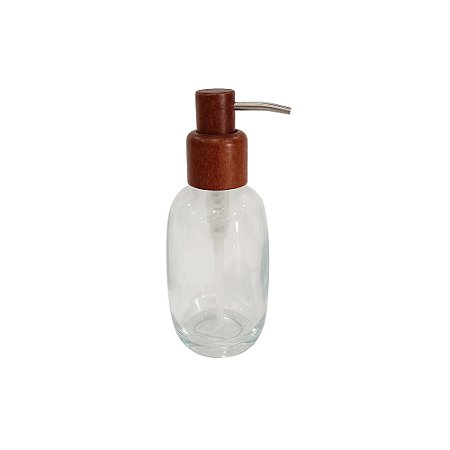 PORTA SABONETE EM VIDRO TRANSPARENTE COM DISPENSER EM MADEIRA