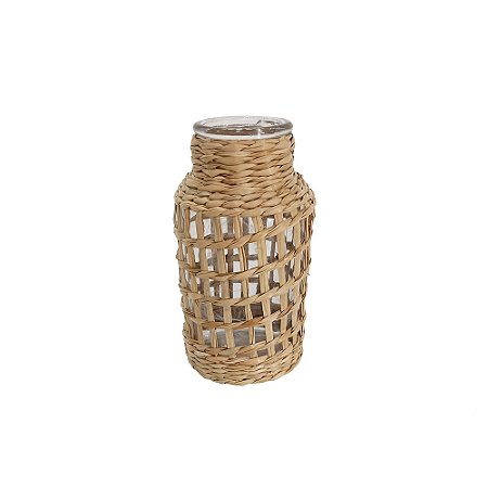 VASO DECORATIVO EM VIDRO COM FIBRA NATURAL TRANCADA