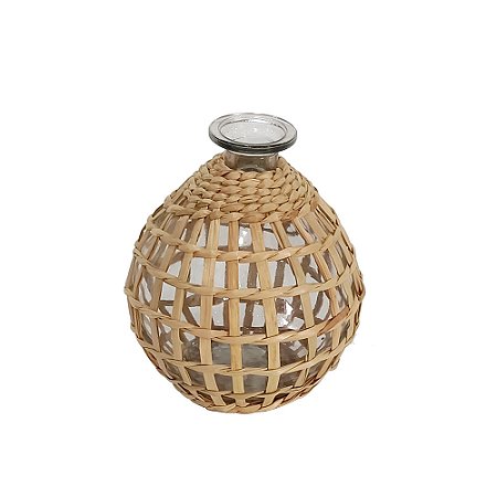 VASO DECORATIVO EM VIDRO COM FIBRA NATURAL TRANCADA