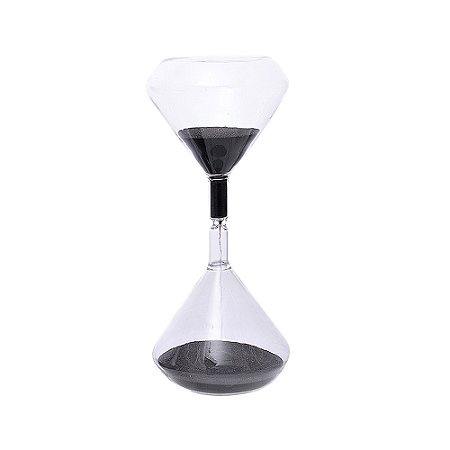 AMPULHETA EM VIDRO TRANSPARENTE COM AREIA PRETA