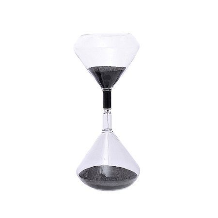AMPULHETA EM VIDRO TRANSPARENTE COM AREIA PRETA