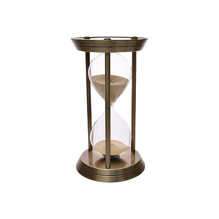 AMPULHETA EM VIDRO E METAL BRONZE COM AREIA BEGE