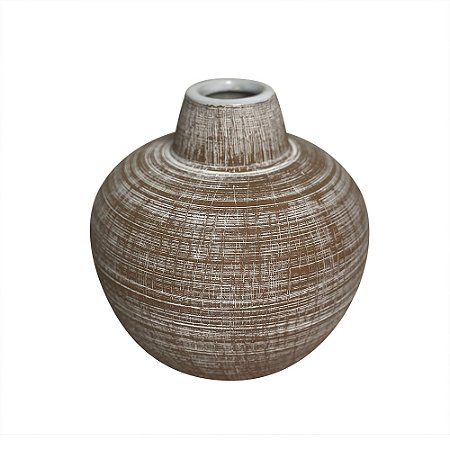 VASO DECORATIVO EM CERAMICA TEXTURIZADO MARROM E BRANCO