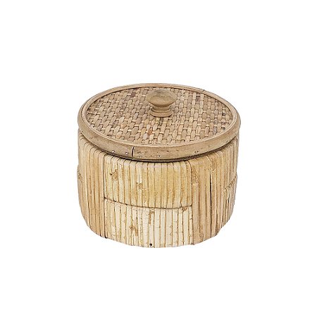 CAIXA DE MADEIRA COM DETALHES EM FIBRA RATTAN NATURAL