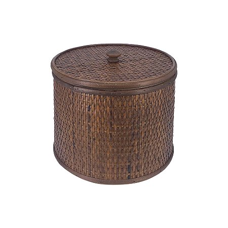 CAIXA DE MADEIRA COM DETALHES EM FIBRA RATTAN MARROM
