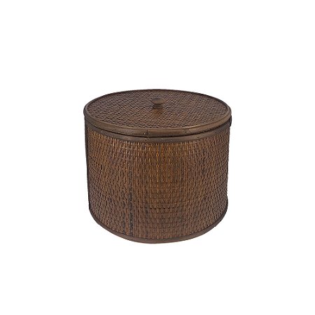 CAIXA DE MADEIRA COM DETALHES EM FIBRA RATTAN MARROM
