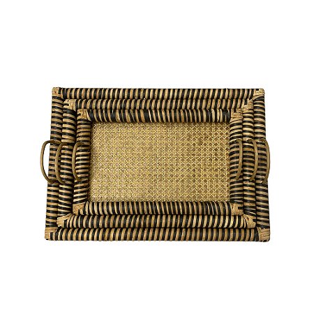 CJ DE BANDEJAS EM MADEIRA E FIBRA RATTAN NATURAL E PRETO 3PCS