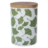 POTE DE CERAMICA COM DESENHOS DE FOLHA COM TAMPA DE BAMBU