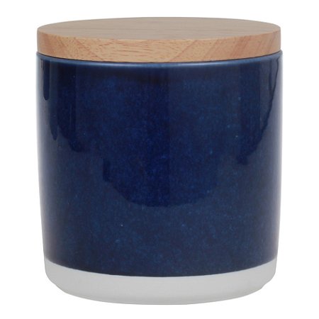 POTE DE CERAMICA AZUL COM TAMPA DE MADEIRA