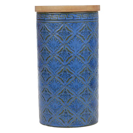 POTE DE CERAMICA AZUL COM TAMPA DE MADEIRA