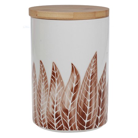 POTE DE CERAMICA BRANCO COM ESTAMPA E TAMPA DE MADEIRA