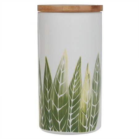 POTE DE CERAMICA BRANCO COM ESTAMPA E TAMPA DE MADEIRA