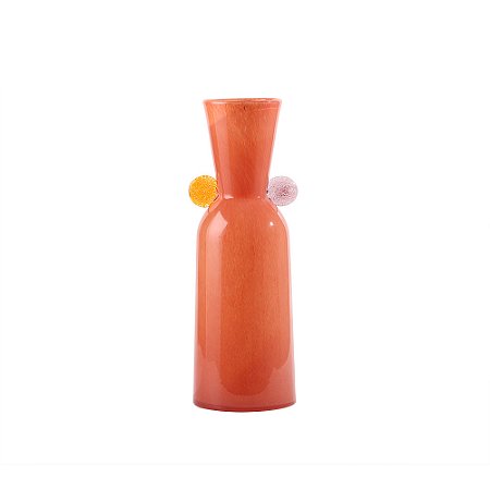 VASO DECORATIVO EM VIDRO LARANJA DETALHE AMARELO E ROXO