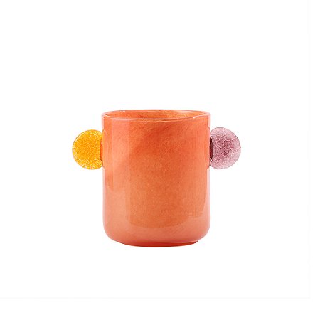 VASO DECORATIVO EM VIDRO LARANJA DETALHE AMARELO E ROXO