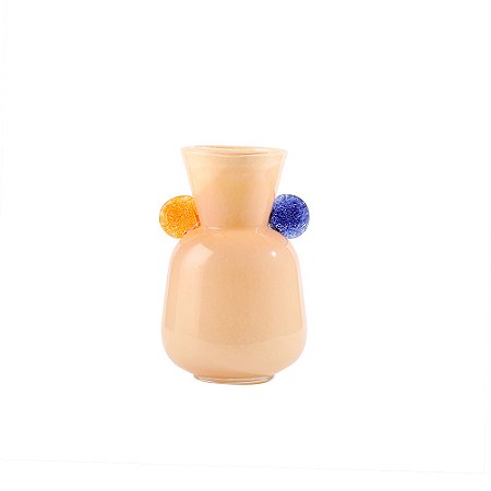 VASO DECORATIVO EM VIDRO BEGE DETALHE AMARELO E AZUL