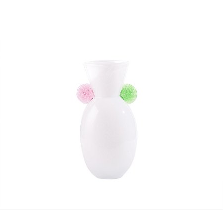 VASO DECORATIVO EM VIDRO BRANCO DETALHE ROSA E VERDE